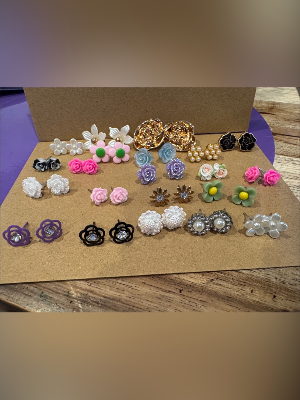 Floral Mixed Stud Earring Set - Pink, Purple, White, Gold Accents